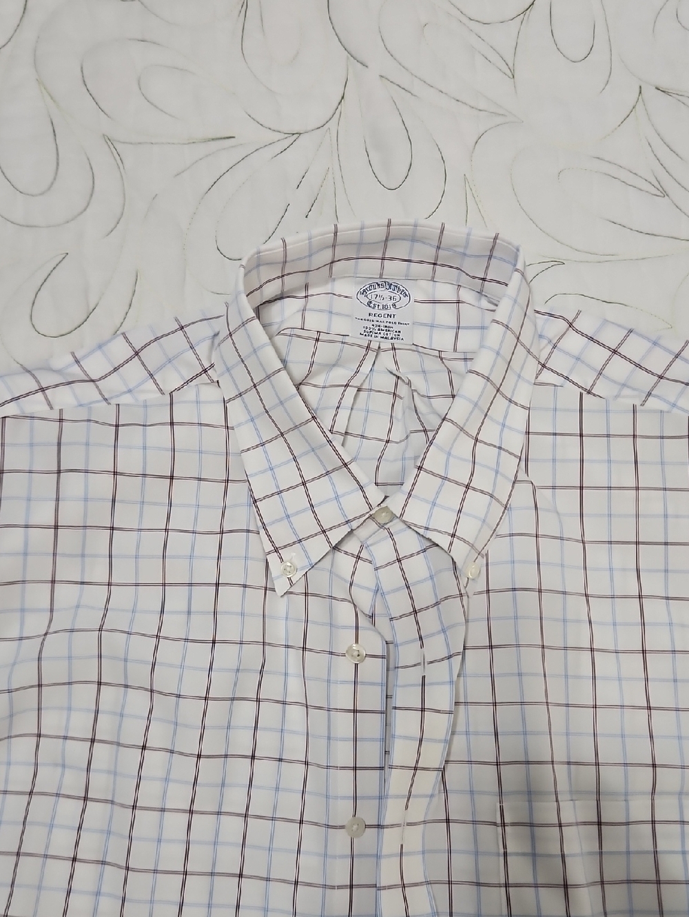 Brooks Brothers White Button-Down‎ Shirt with Blue and Brown Plaid